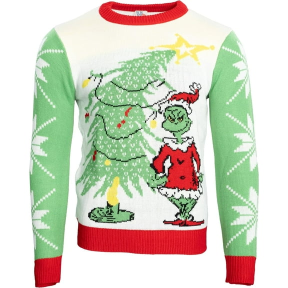 Junk Food Clothing Grinch Christmas Casual Crew Neck Long Sleeve Knit Sweater, Men's