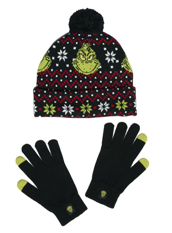 Dr Seuss Grinch Hat Women's Men's Unisex Knit Christmas Beanie Festive Gloves