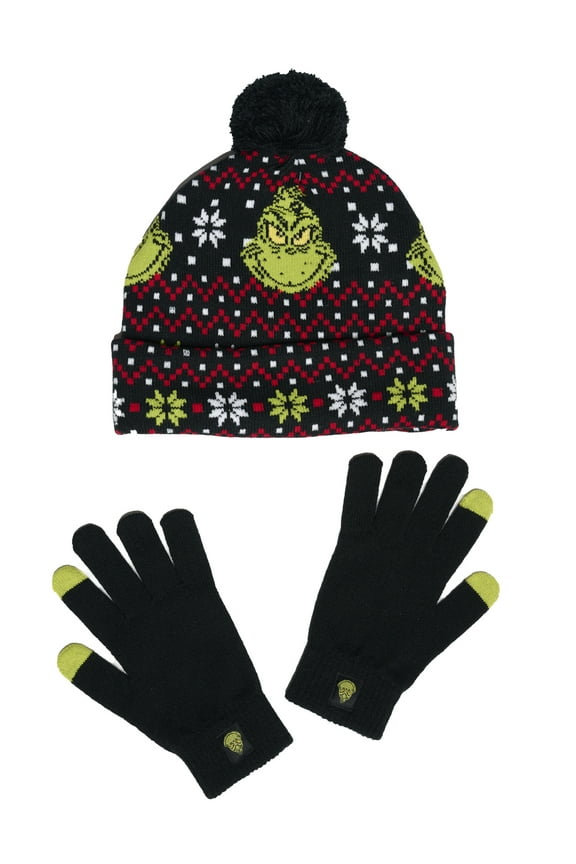 Dr Seuss Grinch Hat Women's Men's Unisex Knit Christmas Beanie Festive Gloves