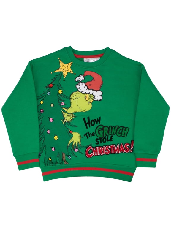Grinch Boys Long Sleeve Pullover Crewneck, Christmas Graphic Sweatshirt (Big Boys)