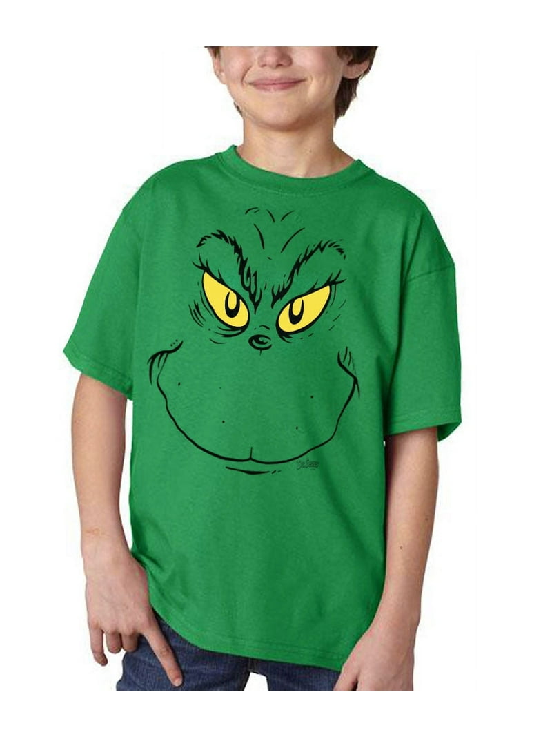 Dr. Seuss Grinch Face Kids Green T-Shirt - 100% Cotton, Officially