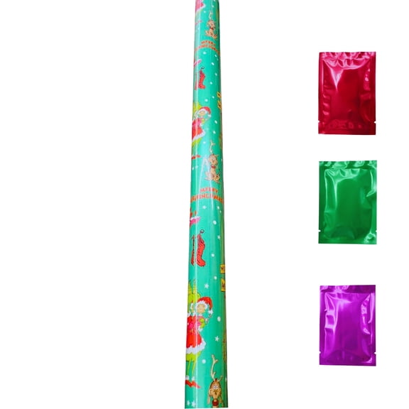 Green Merry Christmas Wrapping Paper Roll, Holiday Gift Wrap for Presents Birthday Party Supplies with Cut Grid Lines Cartoon Xmas Theme (1 Roll, 50 Sqft)