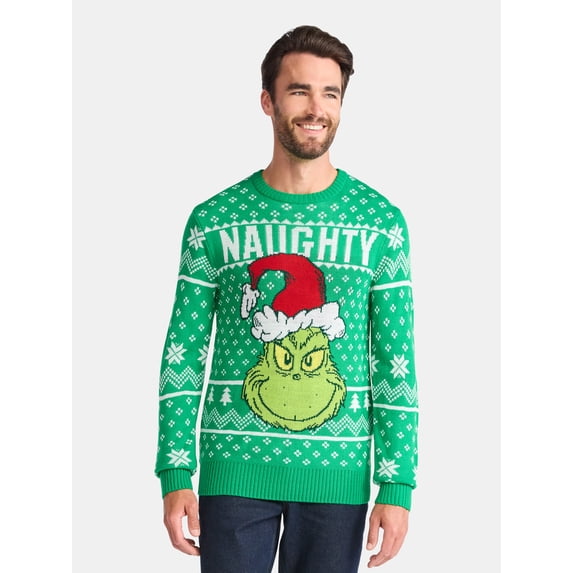 Dr. Seuss Grinch Naughty Men's and Big Men's Holiday Ugly Christmas Sweater, Sizes XS-3XL