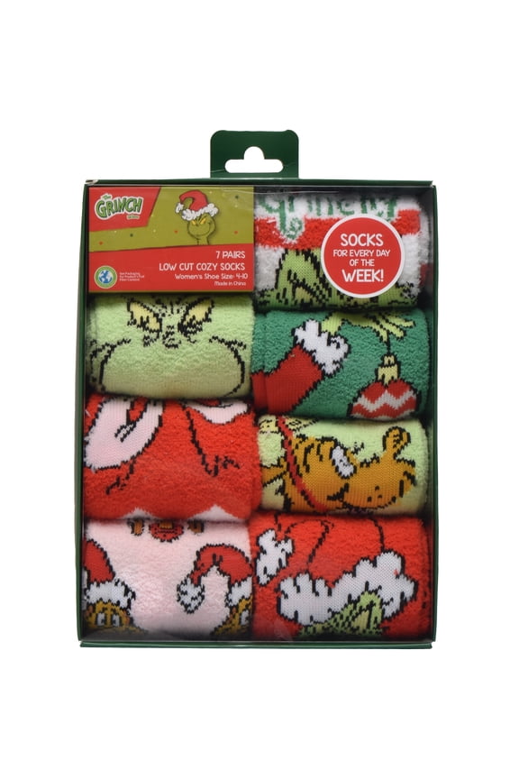 Dr Seuss Grinch Womens 7-Pack Box Set Low Cut Cozy Socks, Shoe Size 4-10