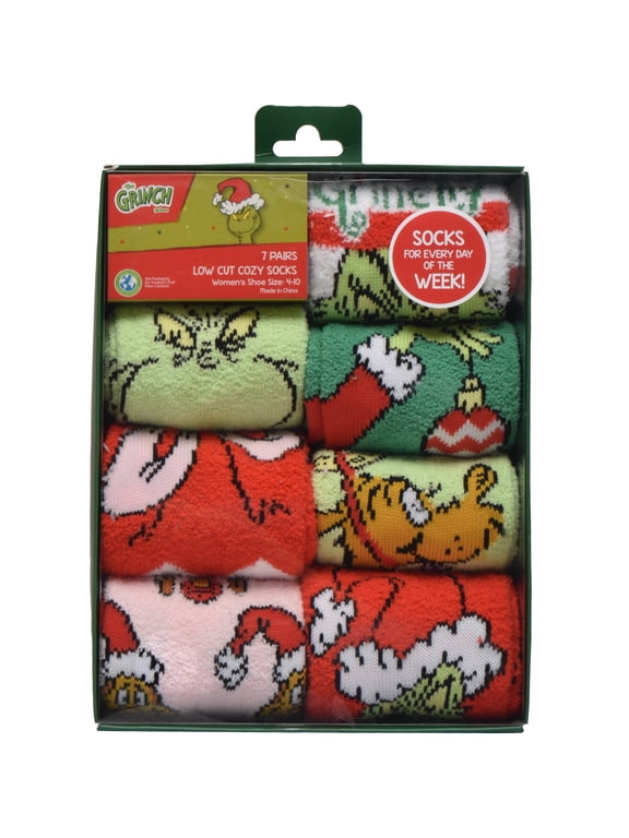 Dr Seuss Grinch Womens 7-Pack Box Set Low Cut Cozy Socks, Shoe Size 4-10