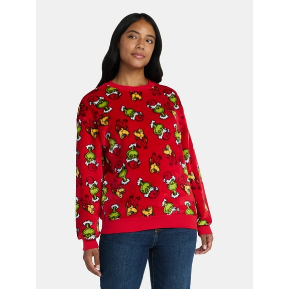 Dr. Seuss The Grinch Women's Print Plush Sweatshirt with Long Sleeves, Sizes XXS-XXL