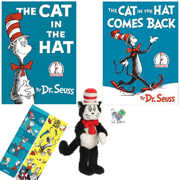 Dr. Seuss Hardcovers Cat in The Hat, Comes Back, Plush Toy Book Character Stuffed Animal, and Bookmarks (Educational Gift Set of Energetic Rhymes to Spark The Love of Reading)