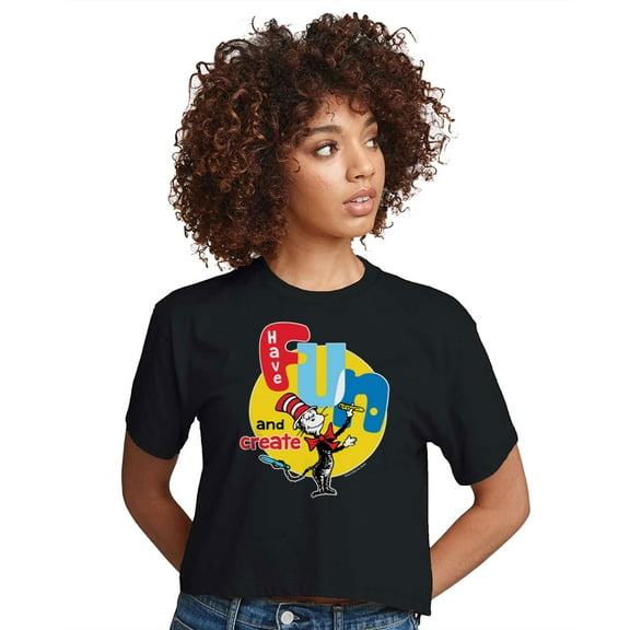 Dr. Seuss - Cat In the Hat Have Fun And Create - Juniors Cropped Cotton Blend T-Shirt