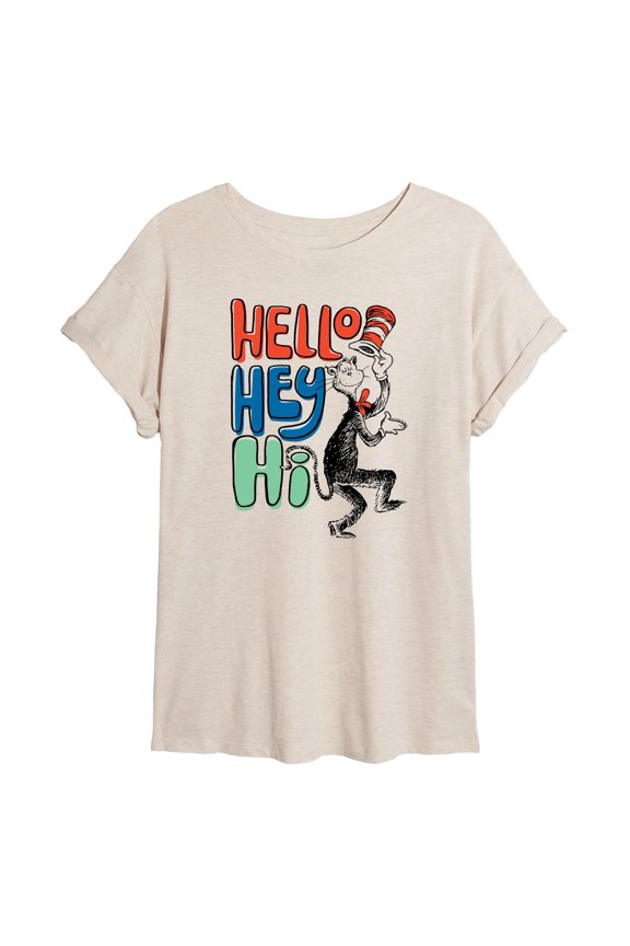 - Hello Hey Hi - Juniors Oversized Graphic T-Shirt