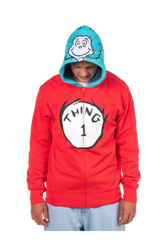 Dr. Seuss Hoodie Men's Thing 1 Thing 2 Reversible Zip Up Costume Sweatshirt