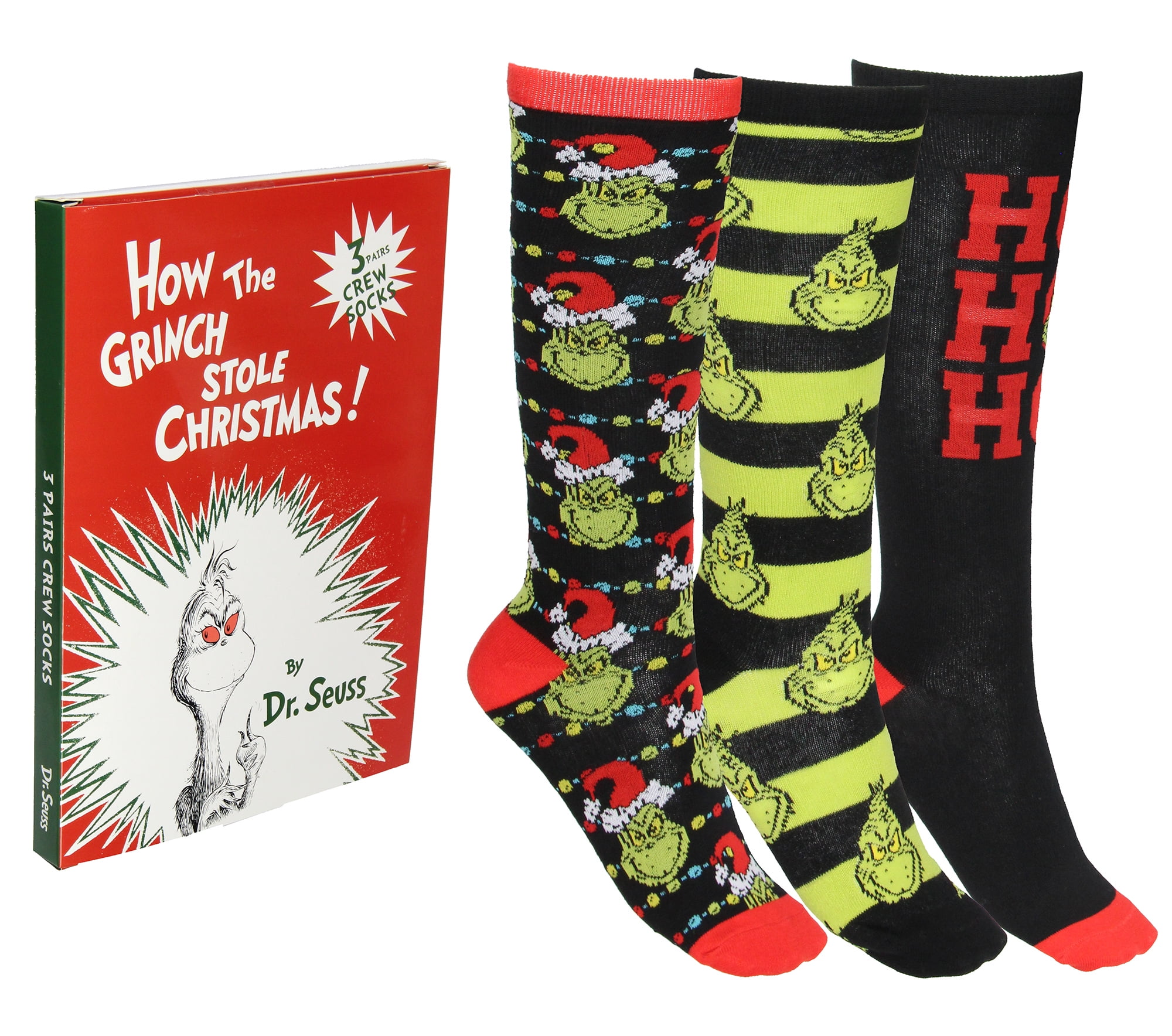 SEVEN TIMES SIX Dr. Seuss How The Grinch Stole Christmas Socks 3-Pack Adult Mid-Calf Crew Socks Storybook Design Gift Box Set