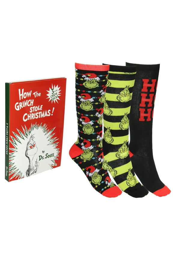 Dr. Seuss How The Grinch Stole Christmas Socks 3-Pack Adult Mid-Calf Crew Socks Storybook Design Gift Box Set