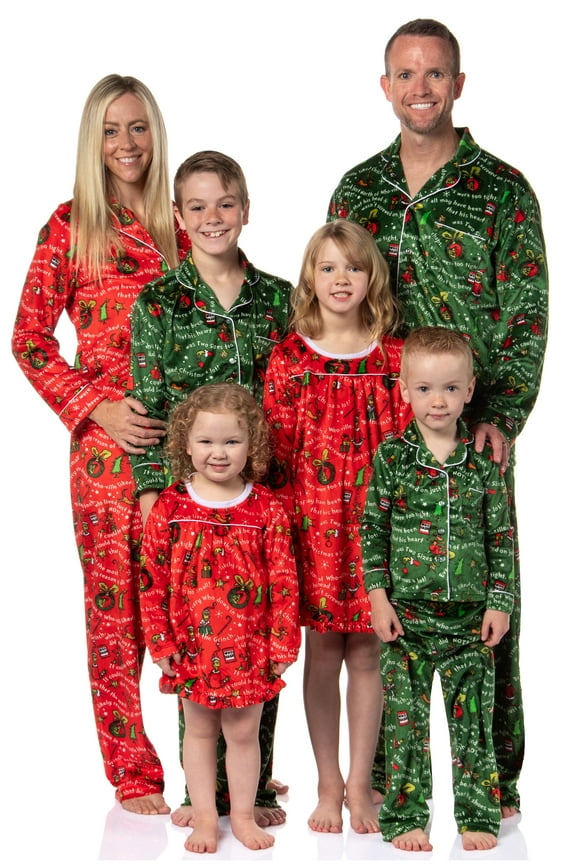 Dr. Seuss How the Grinch Stole Christmas Mens' Tossed Print Notch Collar Sleep Pajama Set