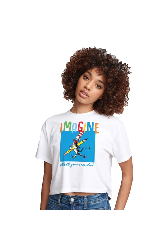 - Cat in the Hat Imagine - Juniors Cropped Cotton Blend T-Shirt