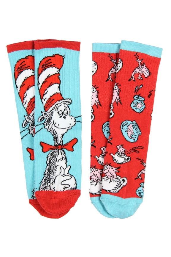 Dr. Seuss, Kids Socks, 2 Pack Cat in the Hat and Fish Crew Socks (Little Kids & Big Kids)
