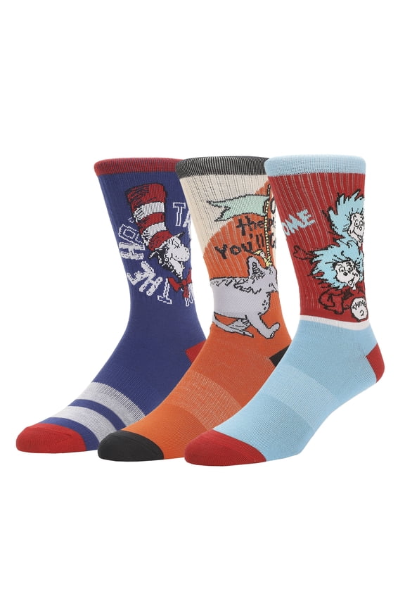 Dr Seuss Lorax Oh The Places and Cat Mens Athletic Crew Socks 3 Pack