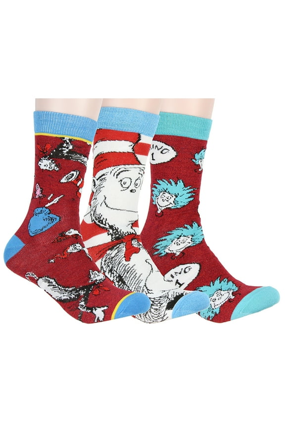 Dr. Seuss Socks Adult Cat In The Hat Thing 1 Thing 2 Character Design 3 Pack Mid-Calf Crew Socks