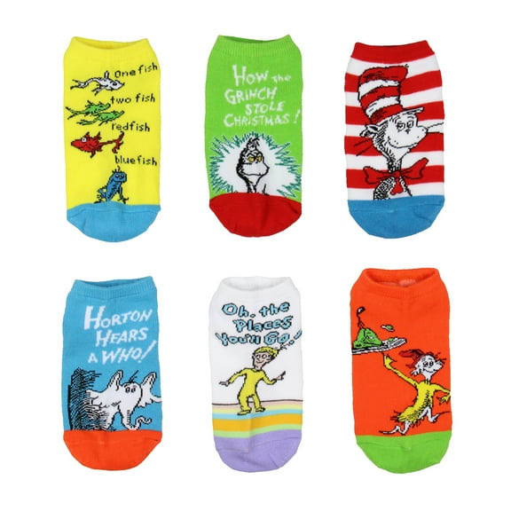 Dr. Seuss Socks Kids Book Character Designs Mix n' Match Youth Low Cut Ankle Socks 6 Pack For Girls And Boys