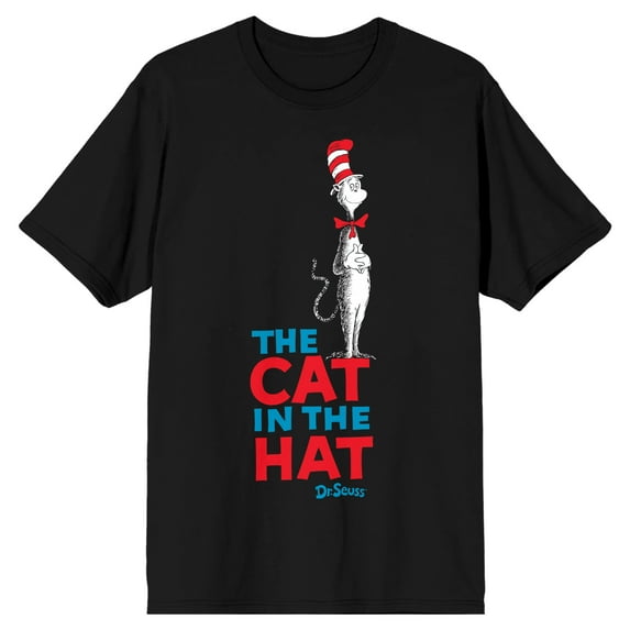 Dr. Seuss The Cat In The Hat Title Text Adult Black Crew Neck Short Sleeve T-shirt-XL