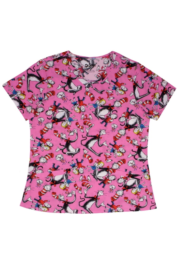 The Cat in the Hat Women’s V-Neck Short Sleeve Scrub Top – Allover Print (S-3XL)