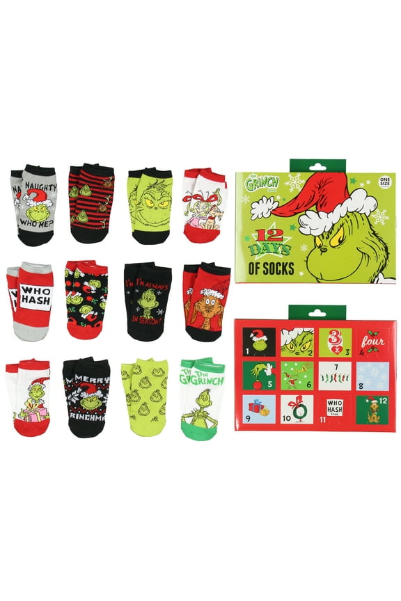 Dr. Seuss The Grinch 12 Days Of Christmas Socks Advent Calendar 12 Day Punch Out Window Adult Ankle No Show Gift Box Set