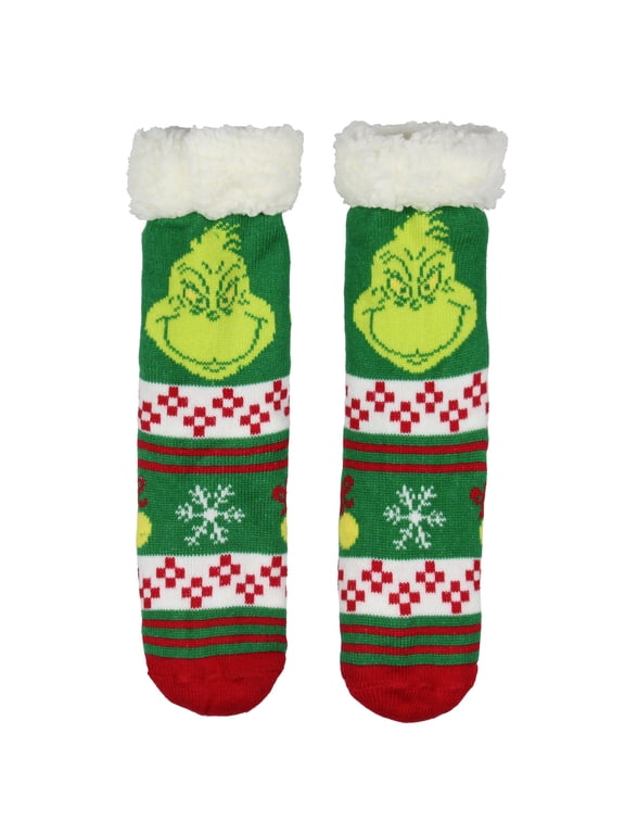 Dr Seuss The Grinch Adult Fair Isle Sweater Knit Sherpa Lined Slipper Socks For Men and Women