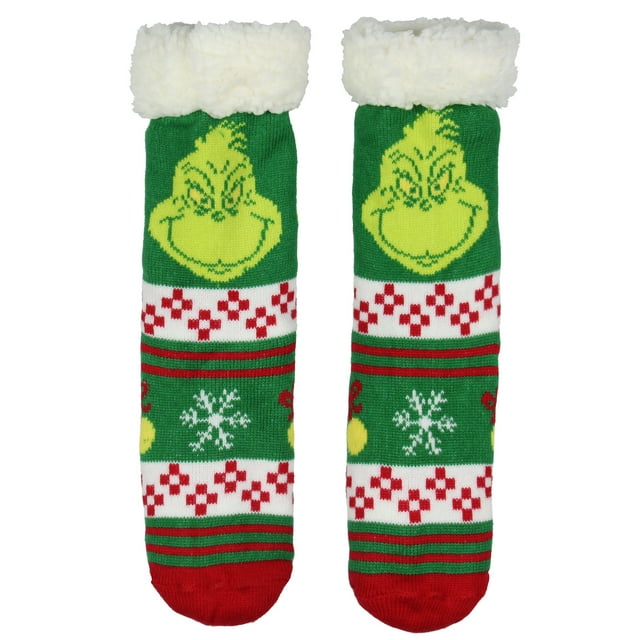 Dr Seuss The Grinch Adult Fair Isle Sweater Knit Slipper Socks For Men