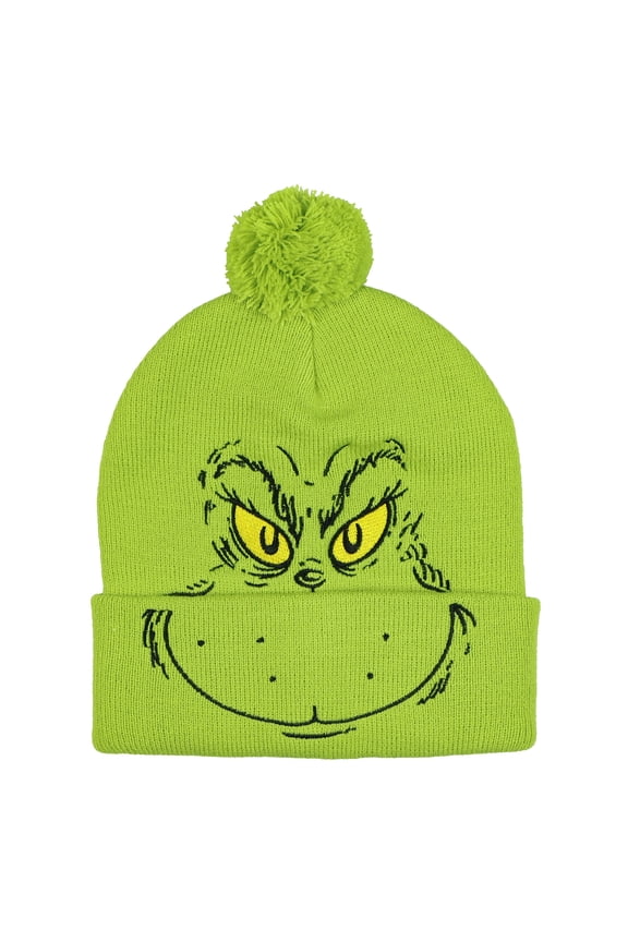Dr. Seuss The Grinch Beanie Adult Embroidered Cuff Knit Ribbed Hat with Pom Pom