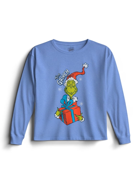 Dr. Seuss The Grinch Boy's Christmas T-Shirt - Crewneck Pullover Long Sleeve Holiday Tee for Kids (Sizes 4-20)