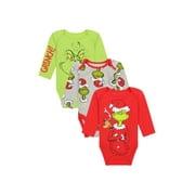 Dr. Seuss' The Grinch Christmas Baby Boy Long Sleeve 3Pk Bodysuits, Sizes NB-12M