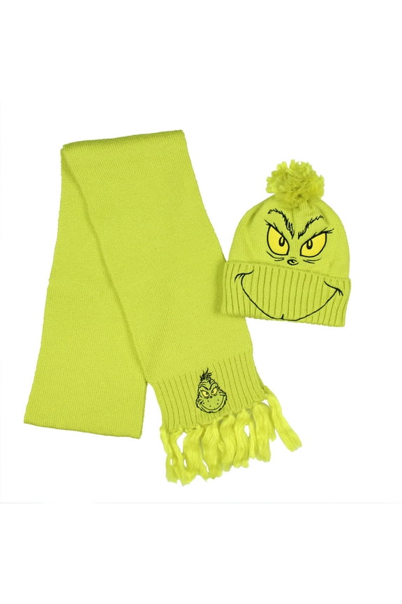 Dr. Seuss The Grinch Embroidered Design Adult Knit Scarf and Pom Cuffed Beanie Set