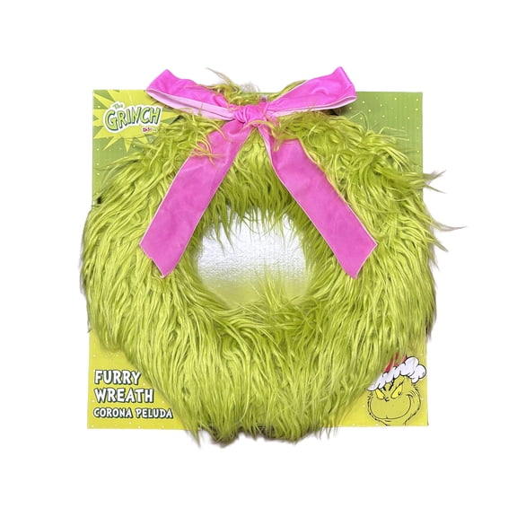 Dr. Seuss The Grinch Green Furry Wreath with Pink Ribbon by Dr. Seuss - Holiday Decoration