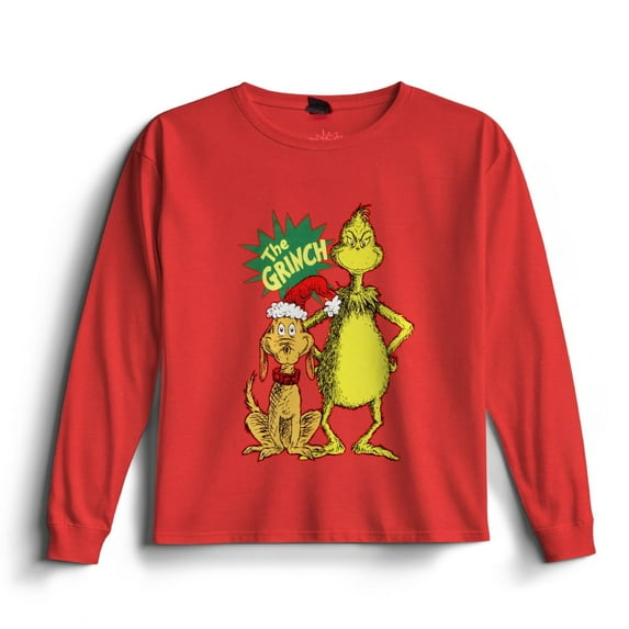 Dr. Seuss The Grinch - Grinch and Max Boy's Christmas T-Shirt - Crewneck Pullover Long Sleeve Holiday Tee for Kids (Sizes 4-20)