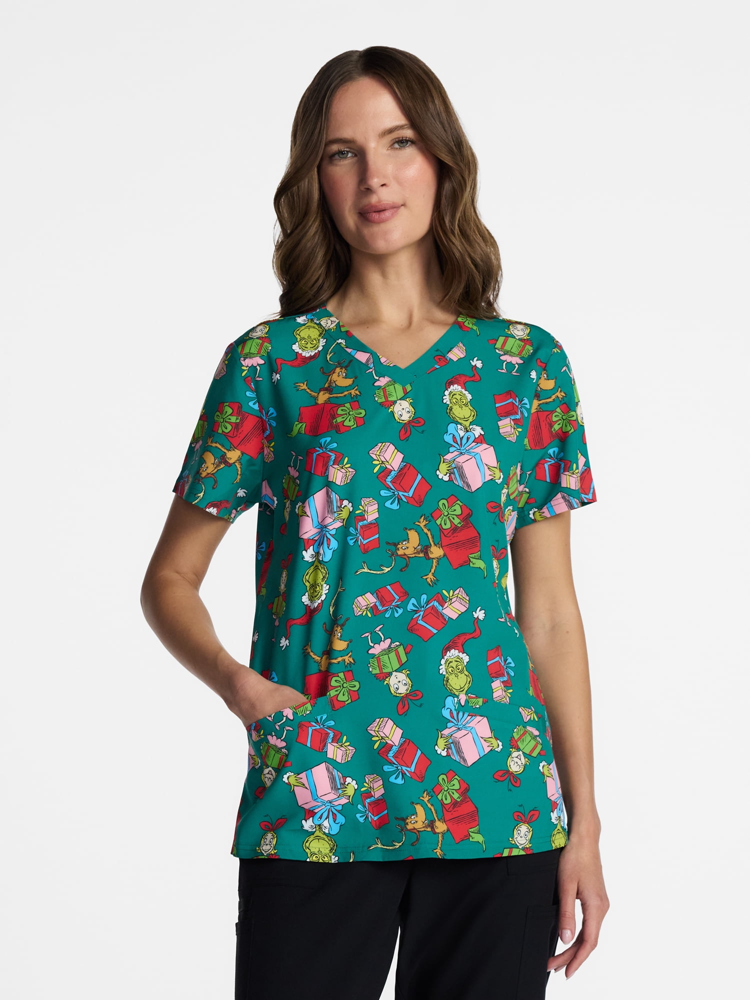Dr. Seuss The Grinch Women's Holiday Scrub Top with Short Sleeves, Sizes S-XXXL