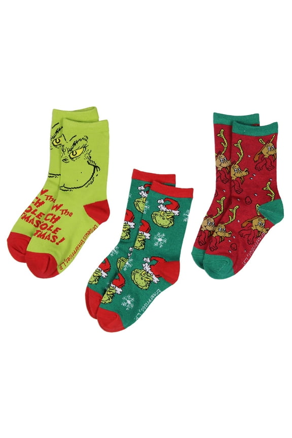 Dr. Seuss The Grinch Kids 3 Pairs Multi-Design Crew Socks For Boys' Or Girls'