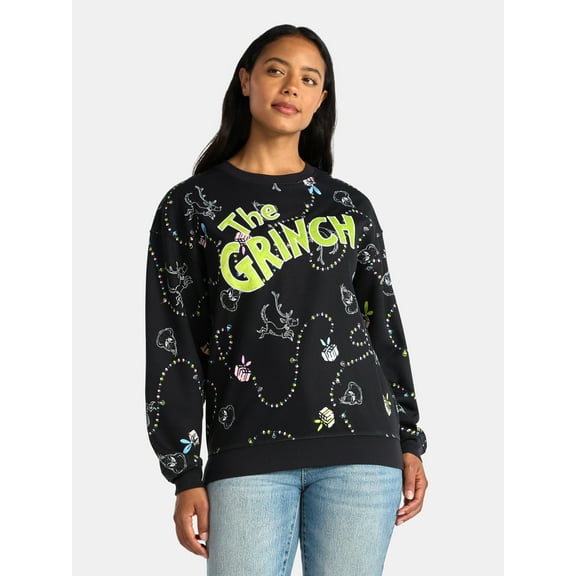 Dr Seuss The Grinch Women's Graphic Print Fleece Sweatshirt with Long Sleeves, Sizes XXS-XXL