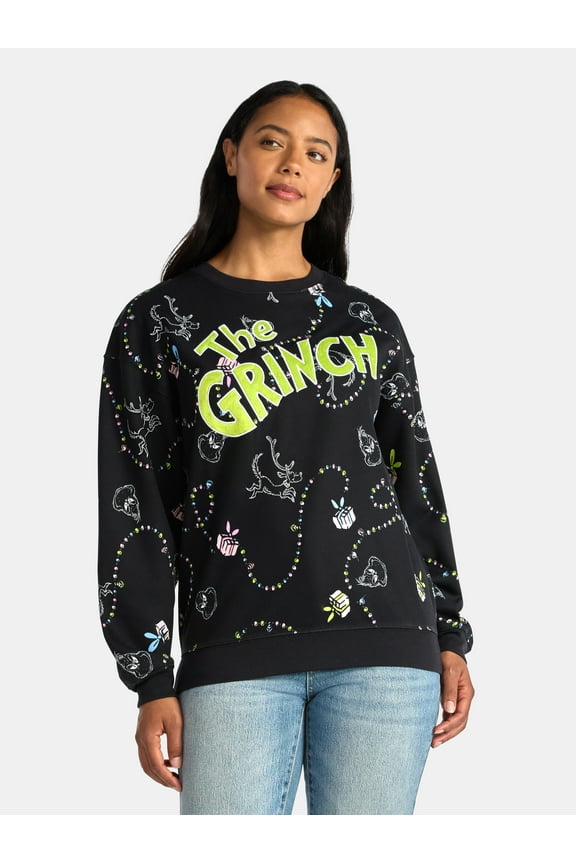 Dr Seuss The Grinch Women's Graphic Print Fleece Sweatshirt with Long Sleeves, Sizes XXS-XXL