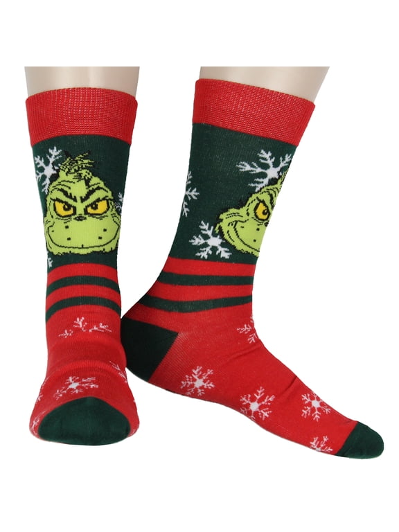 Men's Grinch Face Snowflake with Stripe Adult Mid-Calf Crew Socks Fits Shoe Size 8-12