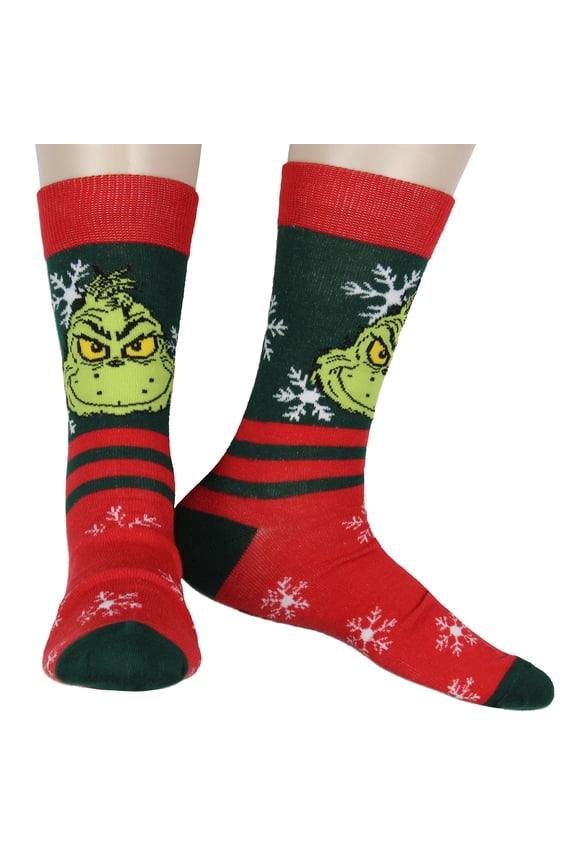 Dr. Seuss The Grinch Men's Grinch Face Snowflake with Stripe Adult Mid-Calf Crew Socks Fits Shoe Size 8-12