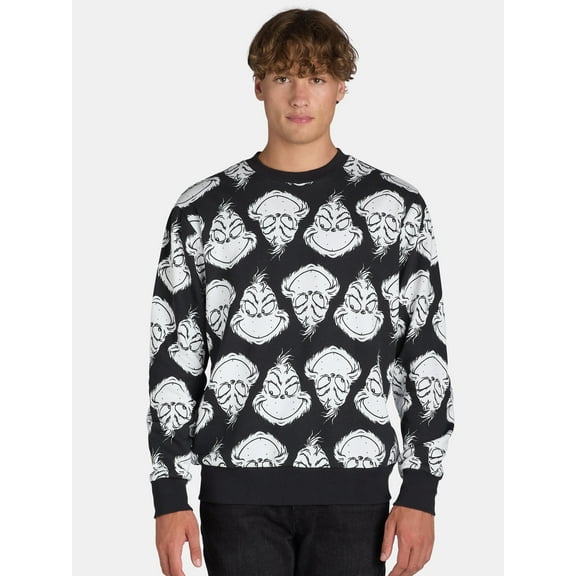 Dr. Seuss' The Grinch Men's and Big Men's Allover Grinch Graphic Print Crewneck Fleece Sweatshirt, Sizes S-3XL