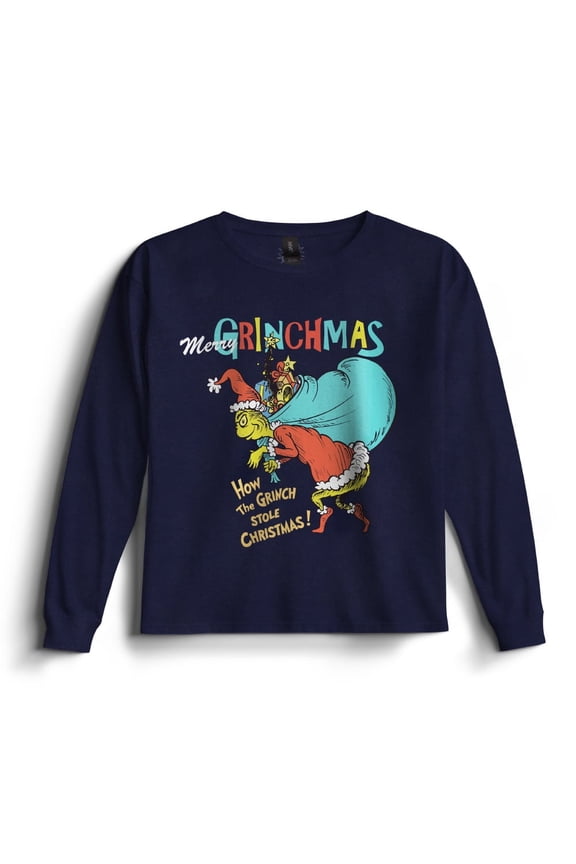 Dr. Seuss The Grinch Long Sleeve Graphic Christmas T-Shirt for Little & Big Boys, Crewneck Holiday Tee (Sizes 4-20)