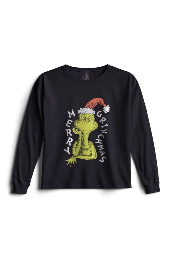 Dr. Seuss The Grinch Long Sleeve Graphic Christmas T-Shirt for Little & Big Boys, Crewneck Holiday Tee (Sizes 4-20)
