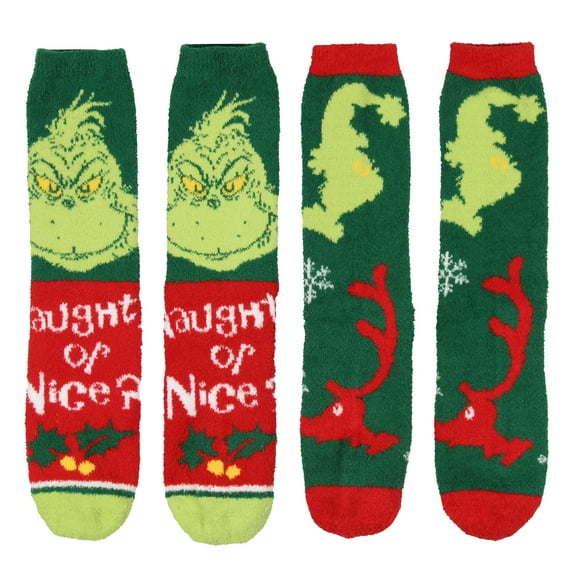 Dr. Seuss The Grinch Naughty Or Nice Christmas Adult Fuzzy Plush Crew Socks 2 Pack For Women Men