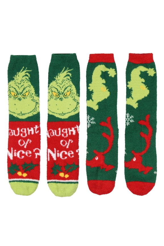 Dr. Seuss The Grinch Naughty Or Nice Christmas Adult Fuzzy Plush Crew Socks 2 Pack For Women Men