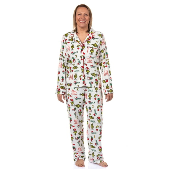 Dr. Seuss The Grinch Pajamas Women's Velveteen Notch Collar Adult 2 Piece Sleep Set
