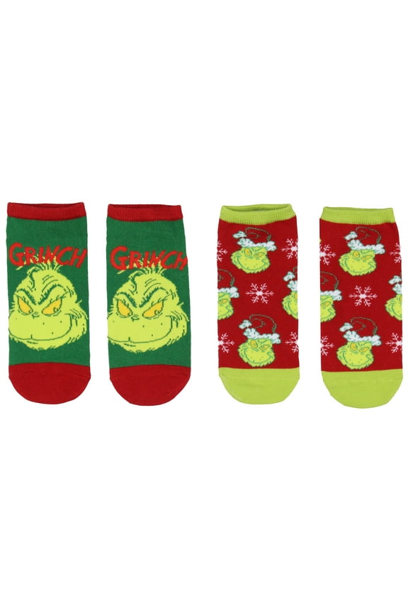Dr. Seuss The Grinch Socks Adult Christmas Holiday No-Show Ankle Socks 2 Pairs For Women or Men