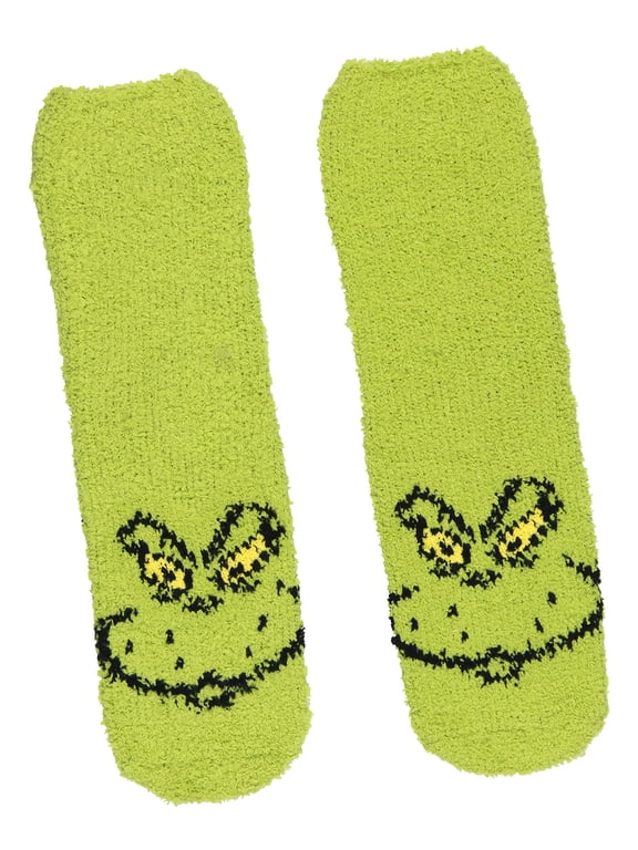Socks Kids Grinch Face Fuzzy Plush Slipper Socks w/ No-Slip Sole