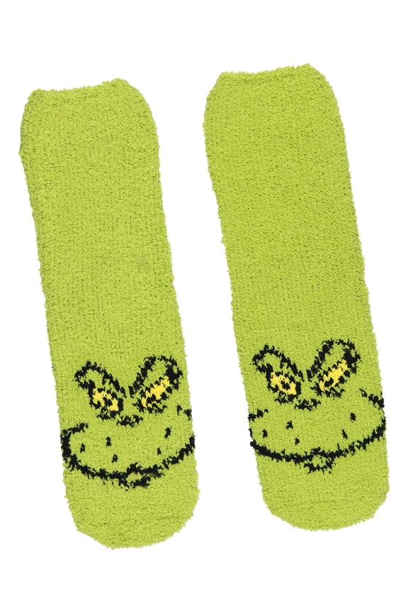 Dr. Seuss The Grinch Socks Kids Grinch Face Fuzzy Plush Slipper Socks w/ No-Slip Sole