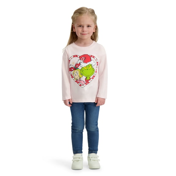 Dr. Seuss The Grinch Toddler Girl Long Sleeve Pink Tee Shirt, Sizes 12M-5T