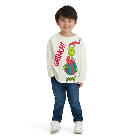 Dr. Seuss The Grinch Toddler Unisex Long Sleeve Off White Tee Shirt, Sizes 12M-5T
